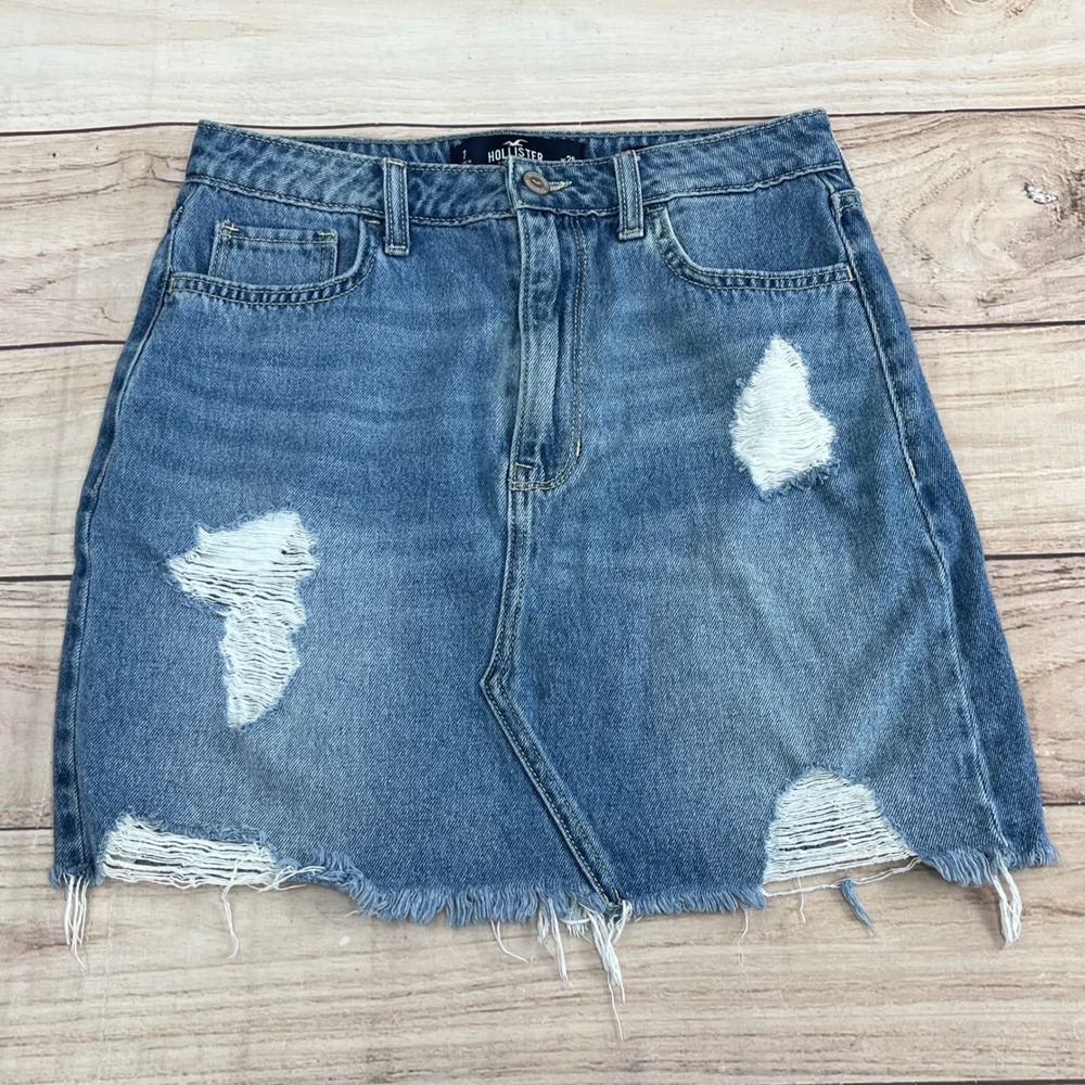 Hollister Ultra High-Rise‎ Distressed Denim Mini Skirt Blue W28 Sz 7